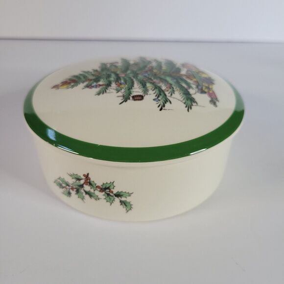 Green White Spode Christmas Tree Porcelain Round 5” Trinket Powder Box England - Picture 11 of 14